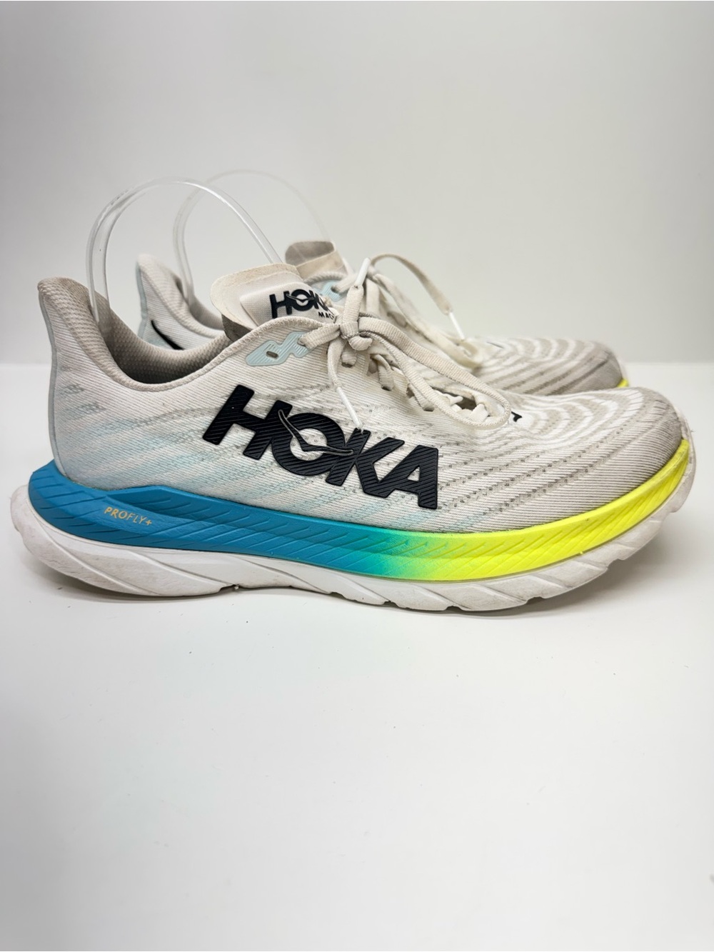Women’s Hoka One One Mach 5 White Blue Yellow Running Shoes 1127894 sz 9 B